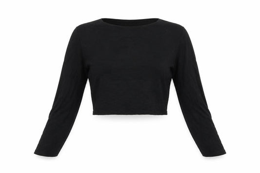 Front view of PRETTYLITTLETHING women’s black viscose cropped t-shirt, size UK 8, round neck