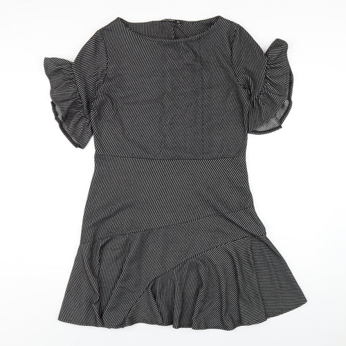Mango Womens Black Striped Polyester A-Line Size L Round Neck Pullover