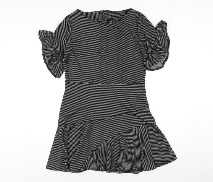 Mango Womens Black Striped Polyester A-Line Size L Round Neck Pullover