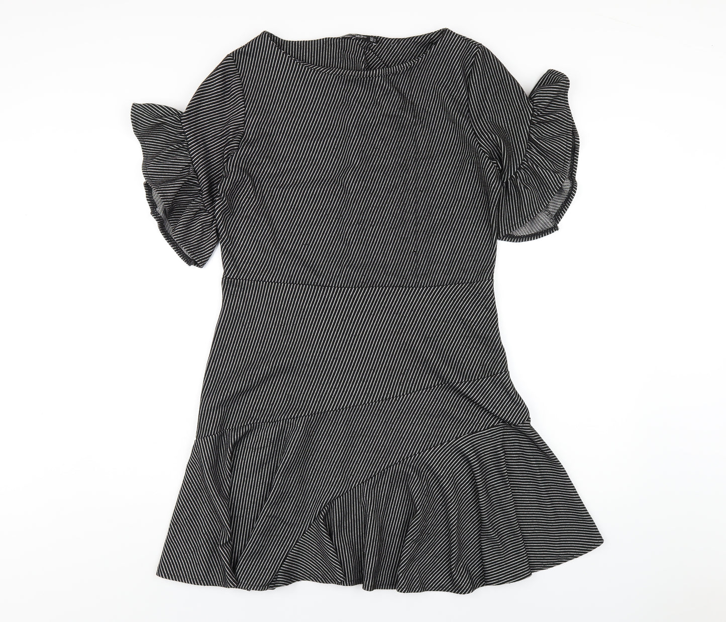Mango Womens Black Striped Polyester A-Line Size L Round Neck Pullover
