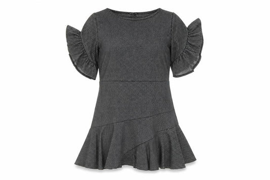 Front view of Mango women’s black striped polyester a-line, size L, round neck pullover