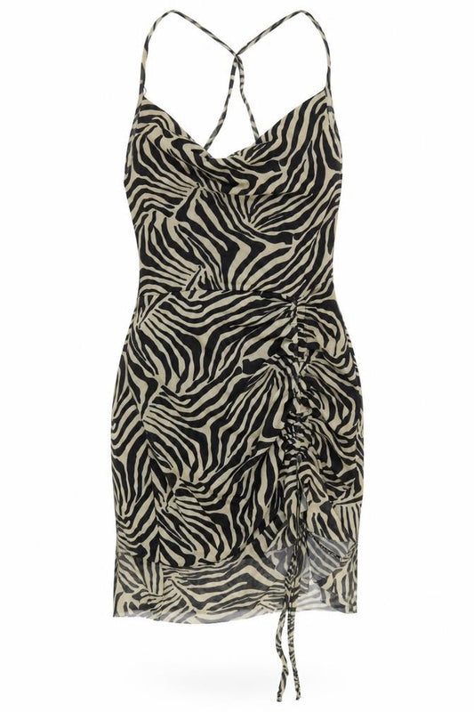 Front view of PRETTYLITTLETHING women’s beige animal print polyester mini, size UK 12, collared pullover