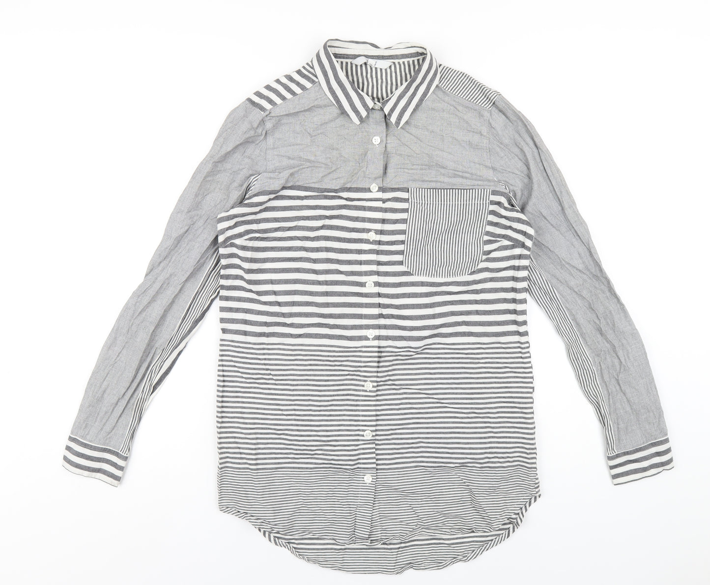 NEXT Womens Grey Striped Cotton Basic Button-Up Size 8 Collared