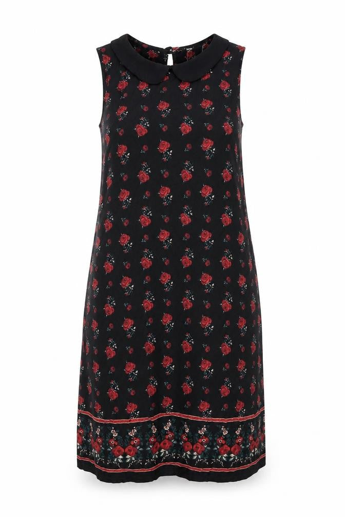 Front view of Pins & Needles women’s black floral viscose a-line, size S, collared button