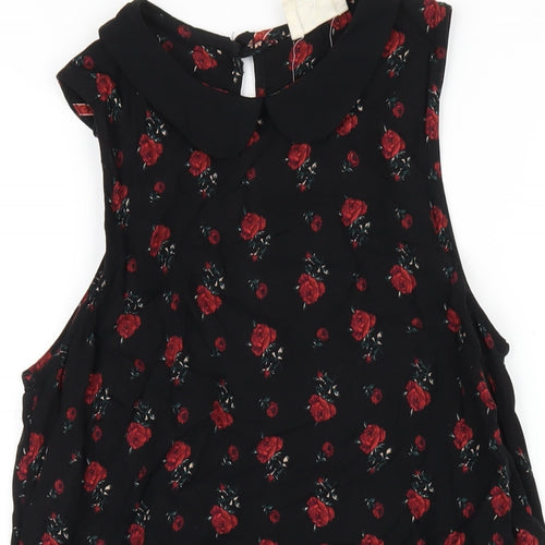 Pins & Needles Womens Black Floral Viscose A-Line Size S Collared Button