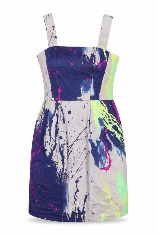 Front view of Next women’s multicoloured geometric cotton a-line, size UK 12, square neck zip
