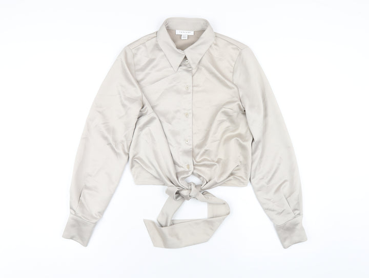 Topshop Womens Beige Polyester Cropped Button-Up Size 4 Collared