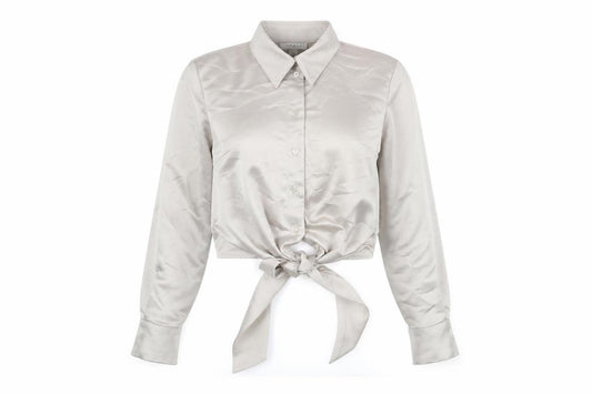Front view of Topshop women’s beige polyester cropped button-up, size UK 4, collared
