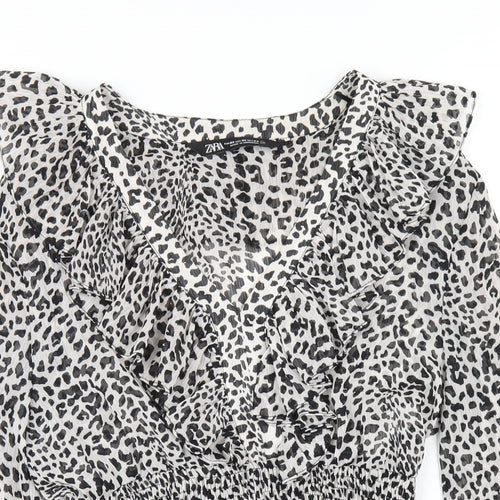 Zara Womens Grey Geometric Polyester Basic Blouse Size XS V-Neck