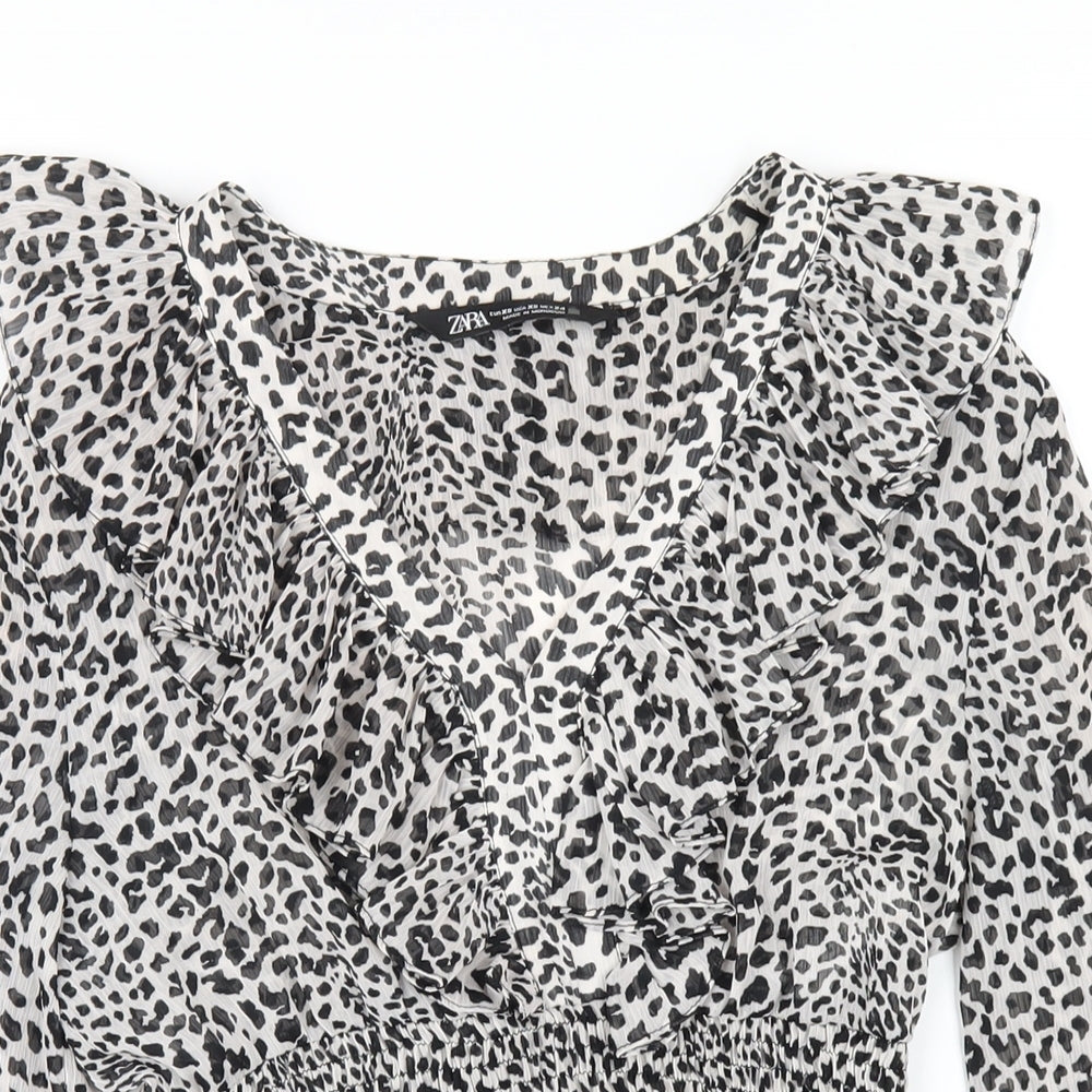 Zara Womens Grey Geometric Polyester Basic Blouse Size XS V-Neck