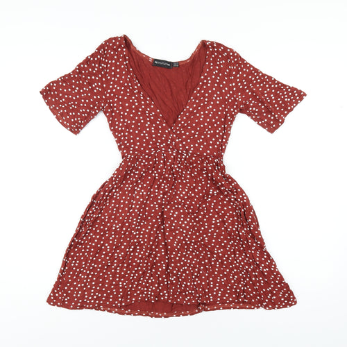 PRETTYLITTLETHING Womens Brown Polka Dot Viscose Mini Size 8 V-Neck Pullover