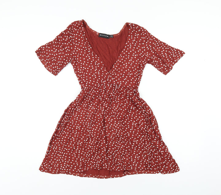 PRETTYLITTLETHING Womens Brown Polka Dot Viscose Mini Size 8 V-Neck Pullover