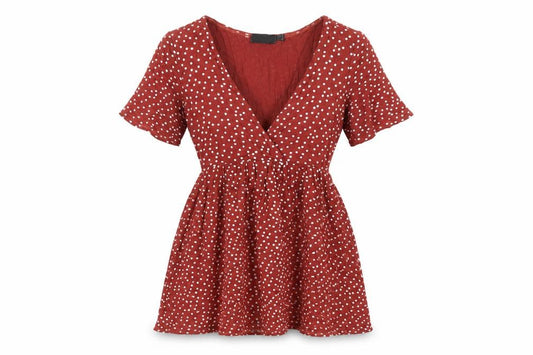 Front view of PRETTYLITTLETHING women’s brown polka dot viscose mini, size UK 8, v-neck pullover
