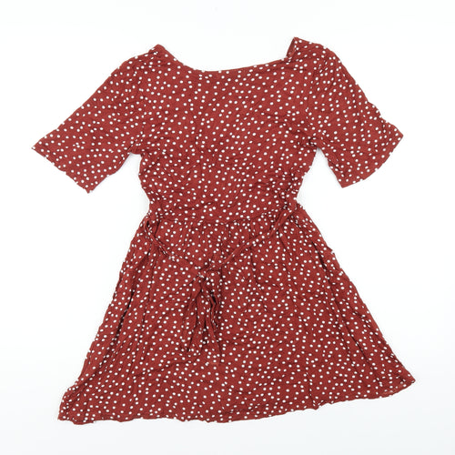 PRETTYLITTLETHING Womens Brown Polka Dot Viscose Mini Size 8 V-Neck Pullover