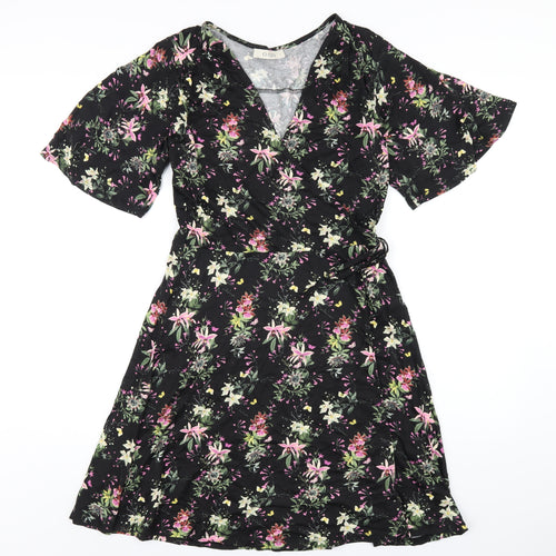 Oasis Womens Black Floral Viscose A-Line Size S V-Neck Pullover