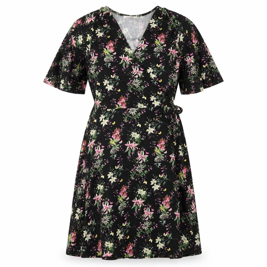 Front view of Oasis women’s black floral viscose a-line, size S, v-neck pullover