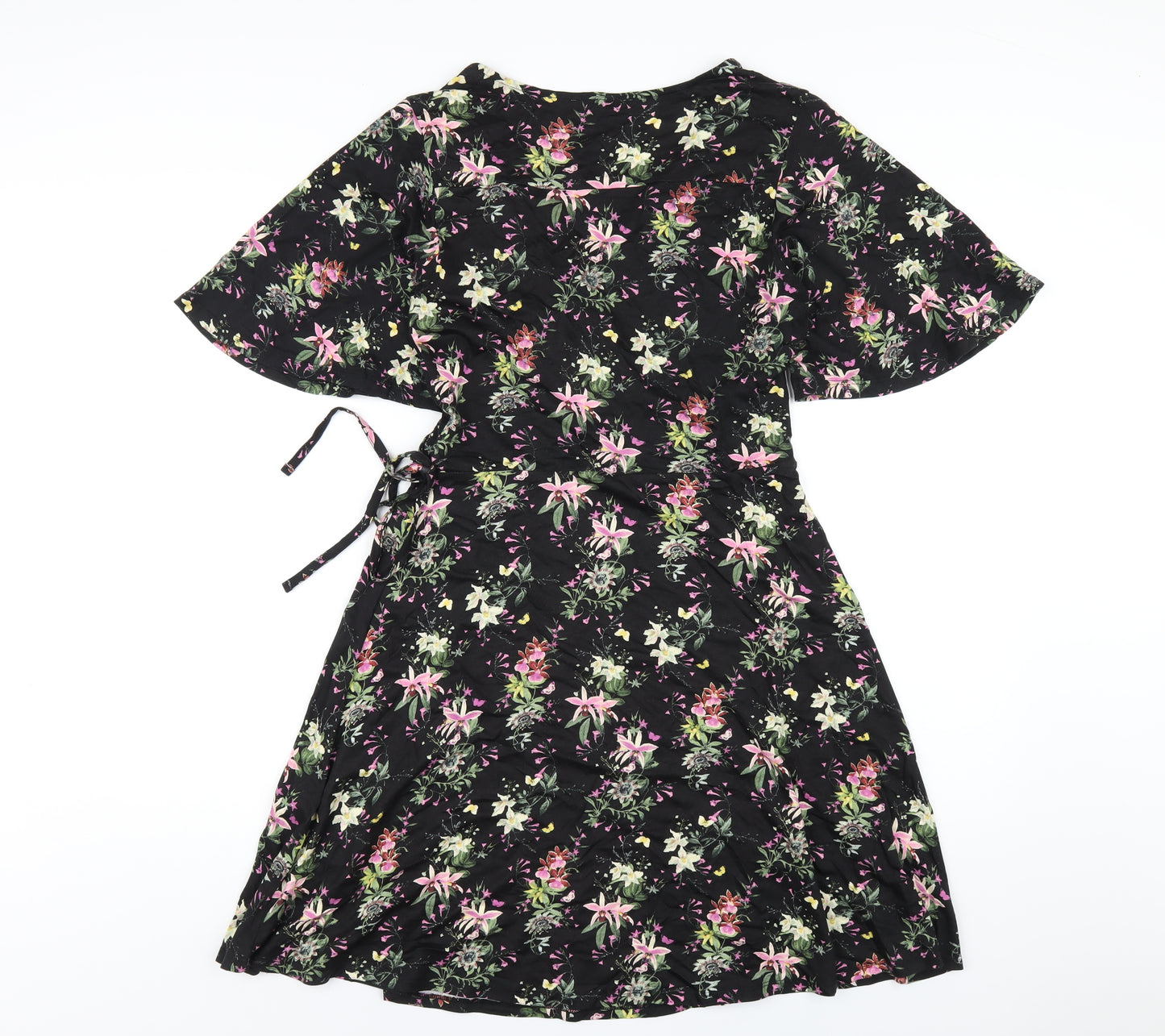 Oasis Womens Black Floral Viscose A-Line Size S V-Neck Pullover
