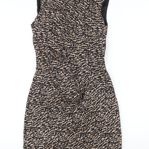 Warehouse Womens Brown Geometric Cotton Pencil Dress Size 8 Round Neck Zip