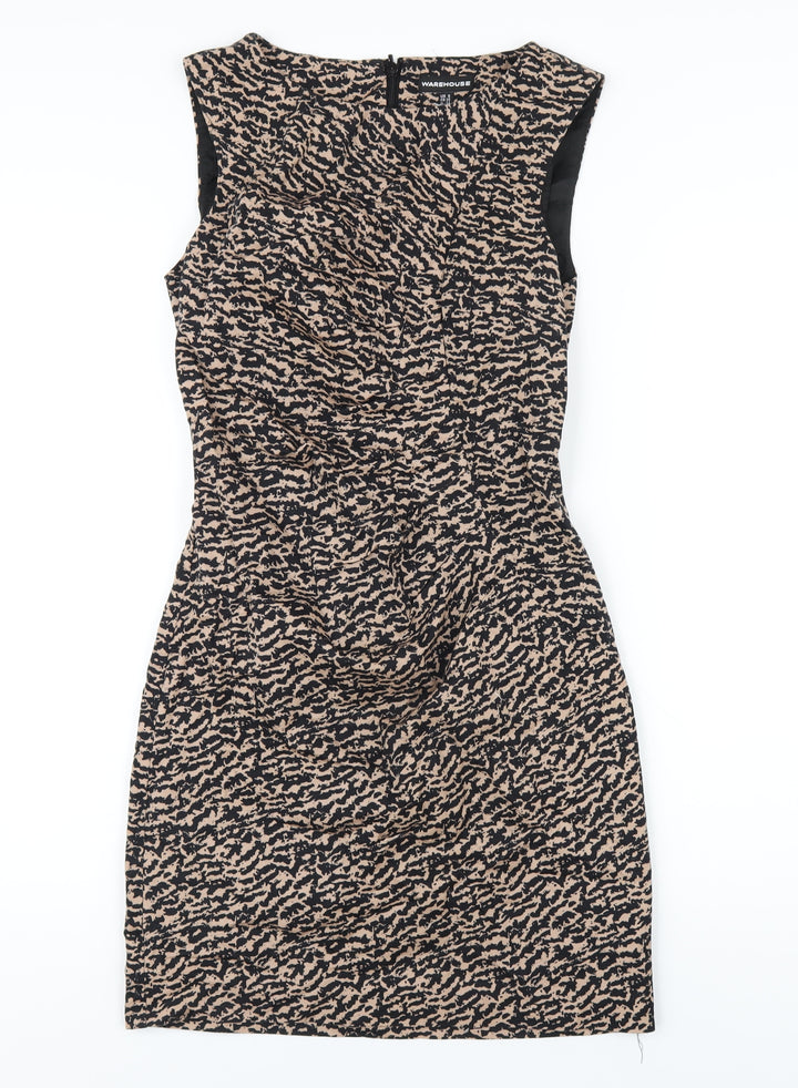 Warehouse Womens Brown Geometric Cotton Pencil Dress Size 8 Round Neck Zip