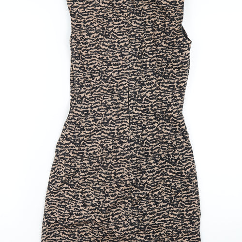 Warehouse Womens Brown Geometric Cotton Pencil Dress Size 8 Round Neck Zip