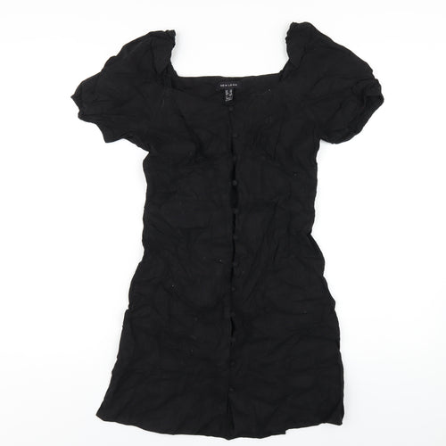 New Look Womens Black Linen A-Line Size 10 Square Neck Button
