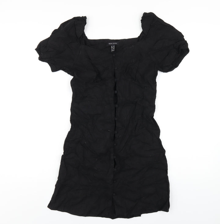 New Look Womens Black Linen A-Line Size 10 Square Neck Button