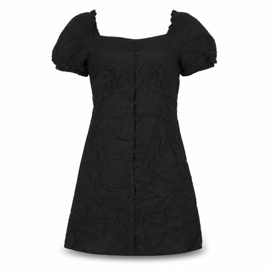 Front view of New Look women’s black linen a-line, size UK 10, square neck button