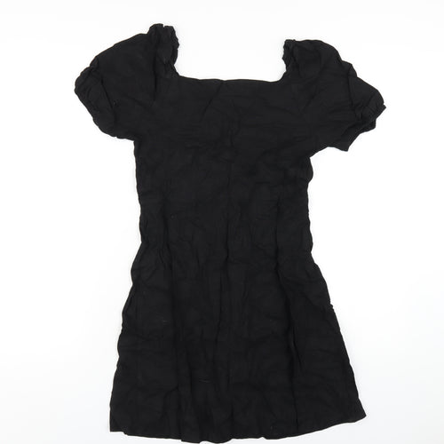 New Look Womens Black Linen A-Line Size 10 Square Neck Button