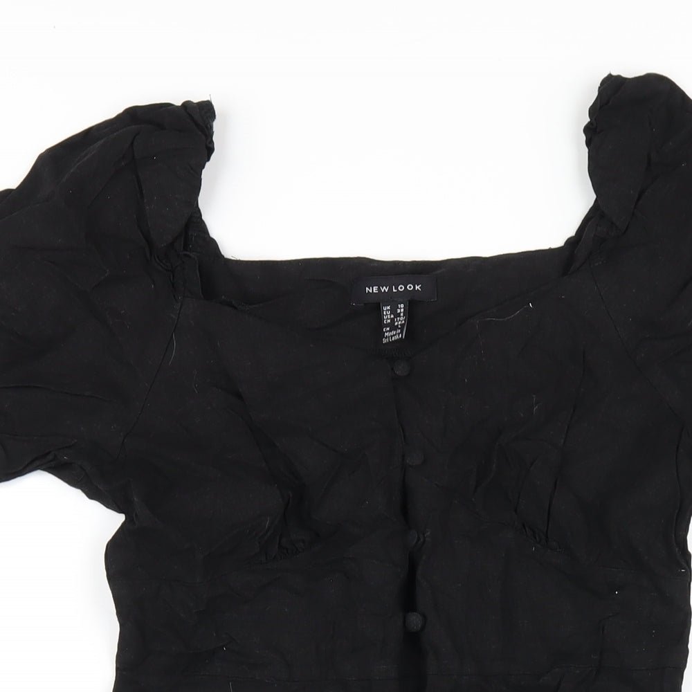 New Look Womens Black Linen A-Line Size 10 Square Neck Button
