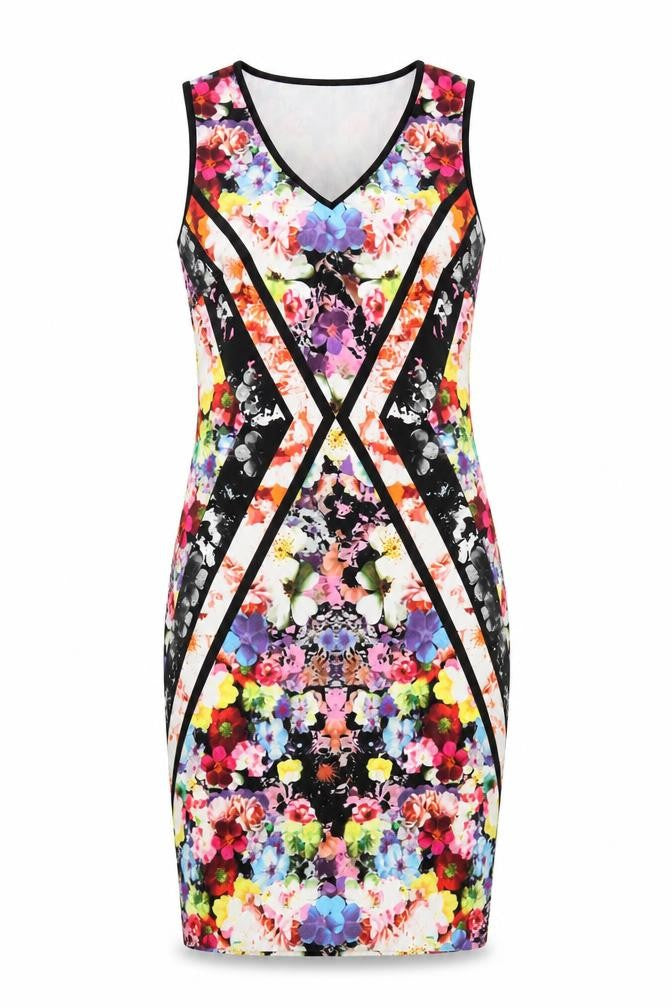 Front view of Spense women’s multicoloured floral polyester bodycon, size UK 8, v-neck pullover