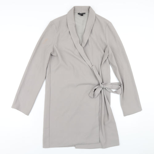 Topshop Womens Grey Polyester Jacket Dress Size 8 V-Neck Tie