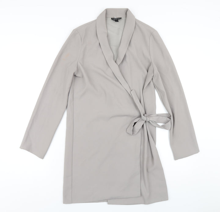 Topshop Womens Grey Polyester Jacket Dress Size 8 V-Neck Tie