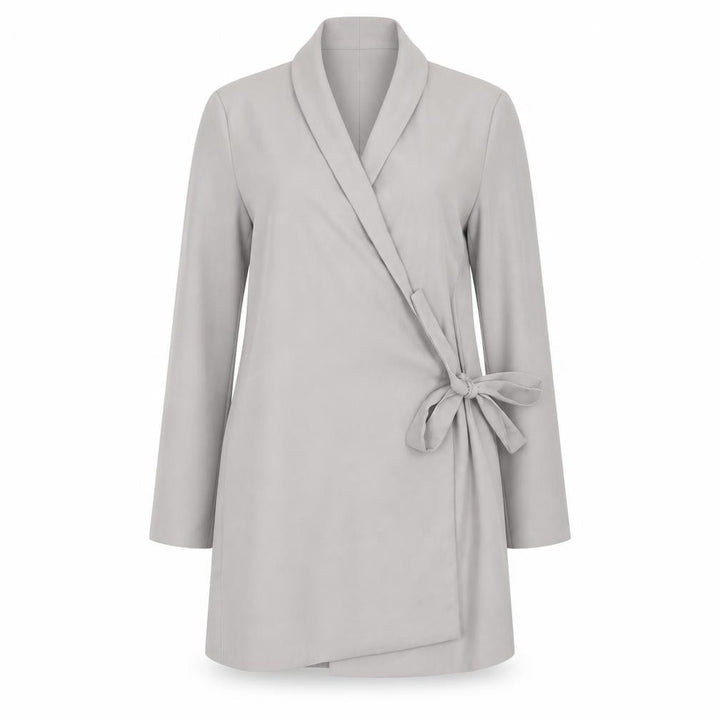 Front view of Topshop women’s grey polyester jacket dress, size UK 8, v-neck tie
