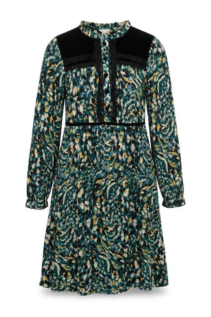 Front view of Monsoon women’s green geometric viscose a-line, size UK 10, round neck button