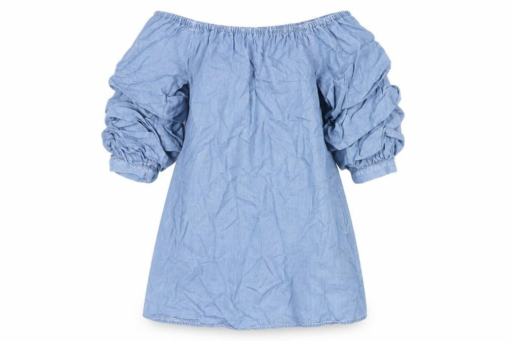 Front view of Zara women’s blue lyocell a-line, size S, off the shoulder pullover