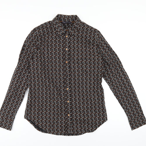 Marks and Spencer Womens Black Geometric Cotton Basic Button-Up Size 10 Collared