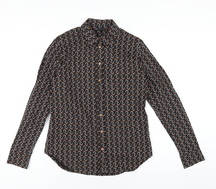 Marks and Spencer Womens Black Geometric Cotton Basic Button-Up Size 10 Collared
