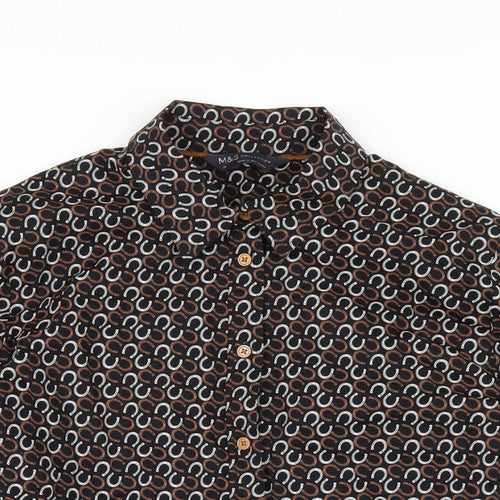 Marks and Spencer Womens Black Geometric Cotton Basic Button-Up Size 10 Collared