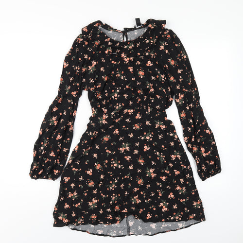 New Look Womens Black Floral Viscose A-Line Size 12 Round Neck Button