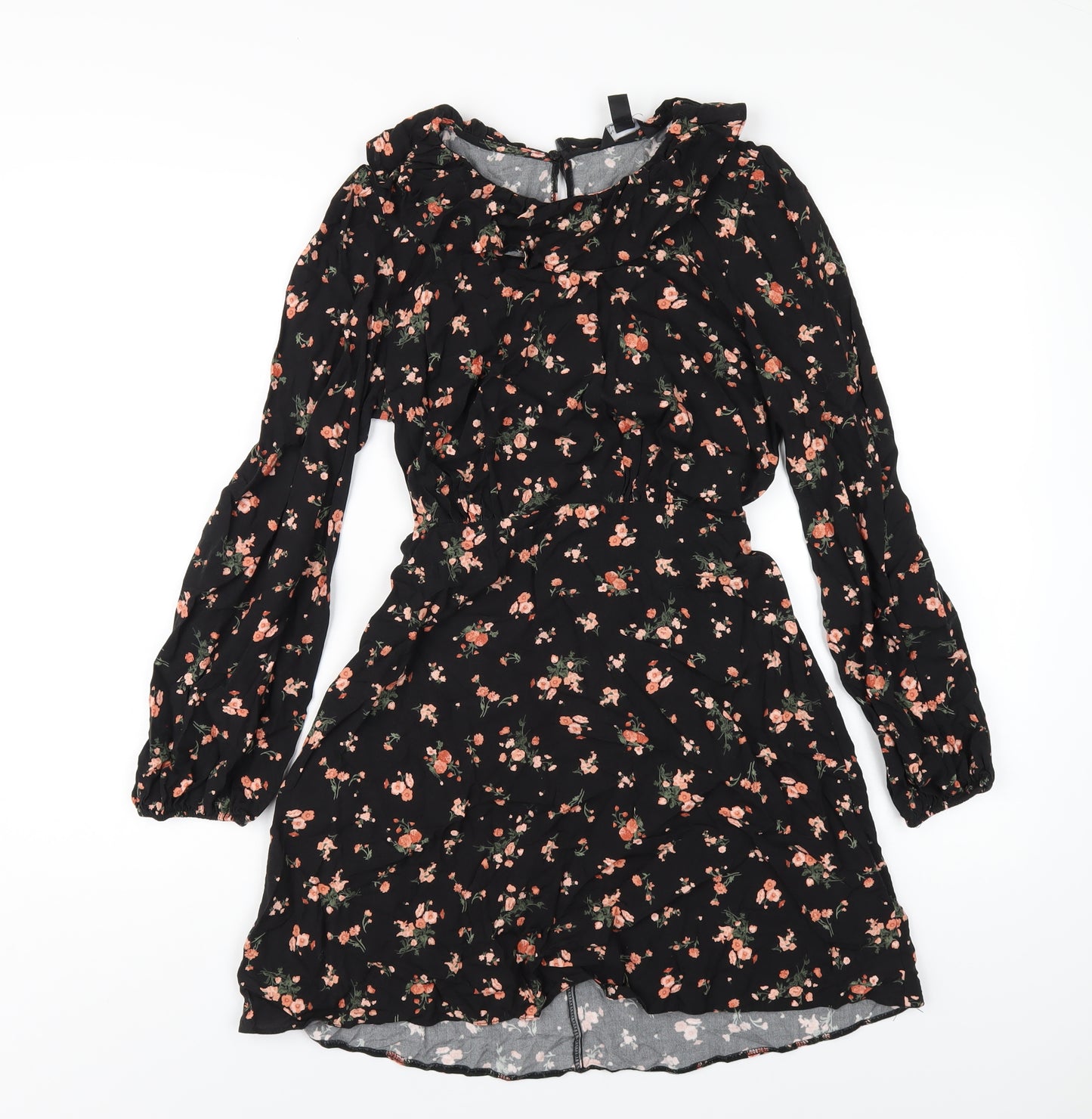 New Look Womens Black Floral Viscose A-Line Size 12 Round Neck Button