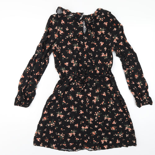 New Look Womens Black Floral Viscose A-Line Size 12 Round Neck Button
