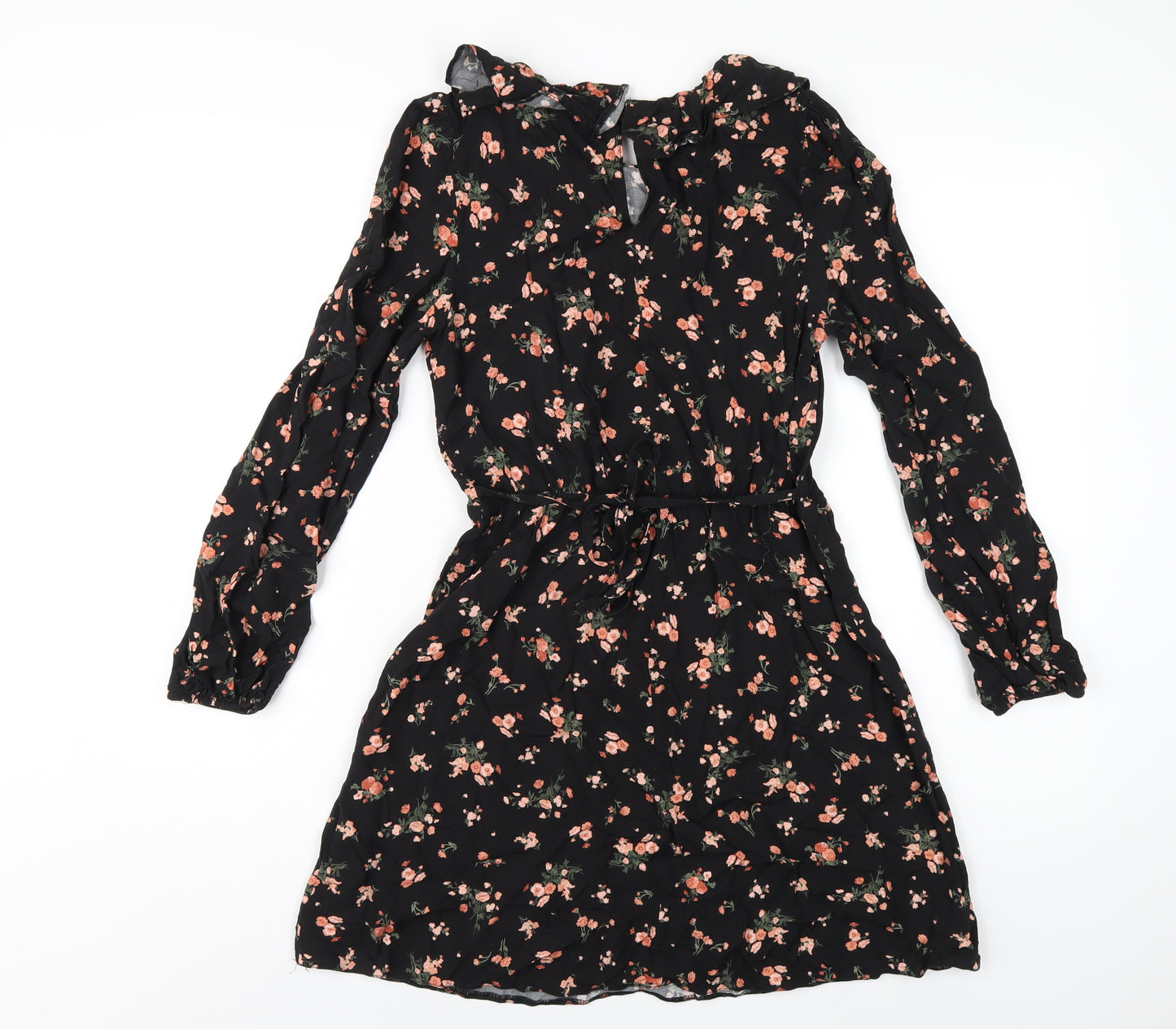 New Look Womens Black Floral Viscose A-Line Size 12 Round Neck Button