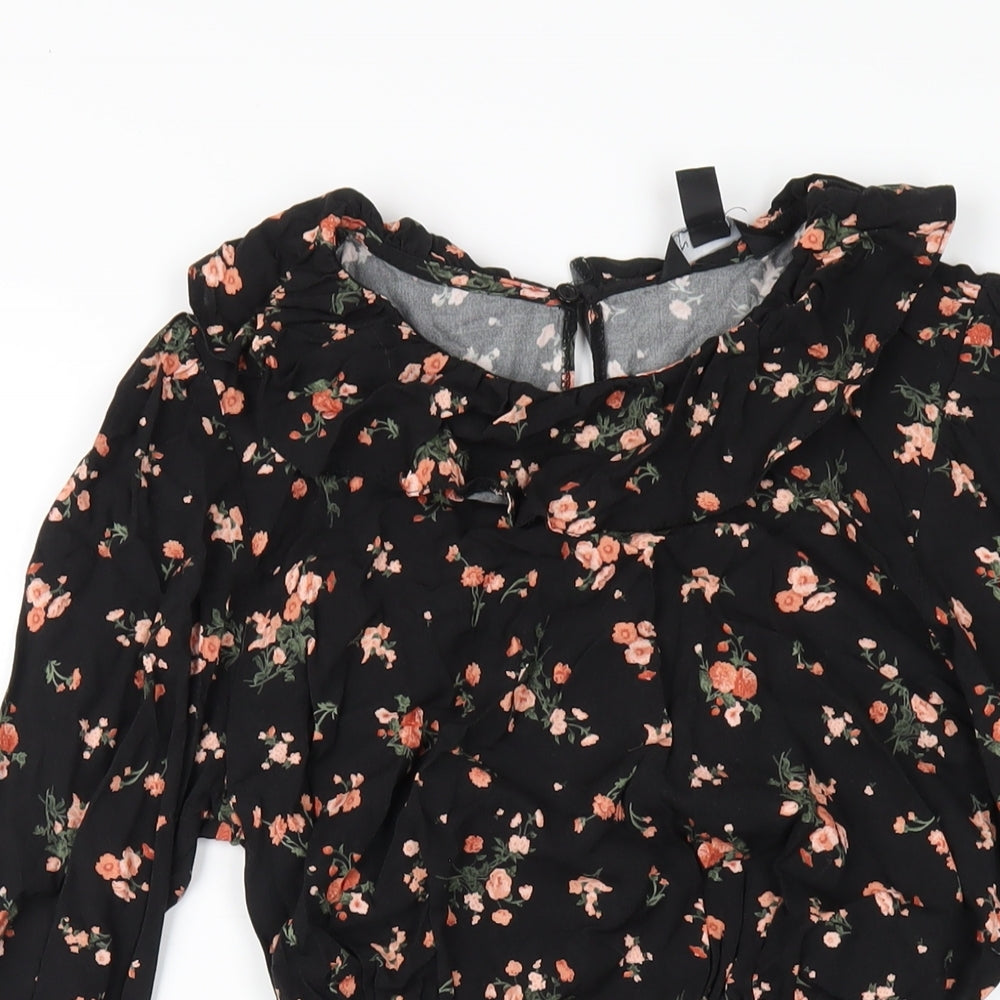 New Look Womens Black Floral Viscose A-Line Size 12 Round Neck Button