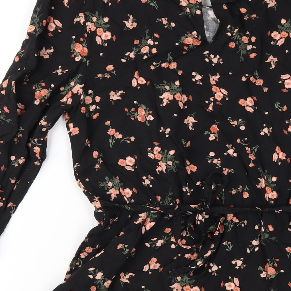 New Look Womens Black Floral Viscose A-Line Size 12 Round Neck Button
