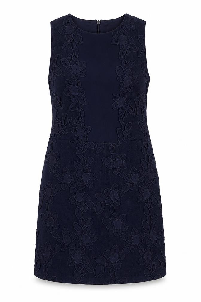Front view of Warehouse women’s blue polyester a-line, size UK 12, round neck zip