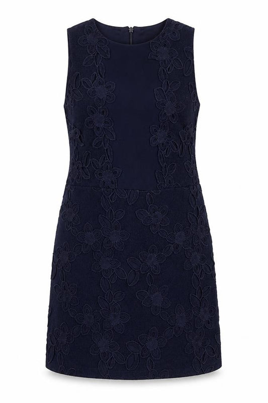 Front view of Warehouse women’s blue polyester a-line, size UK 12, round neck zip