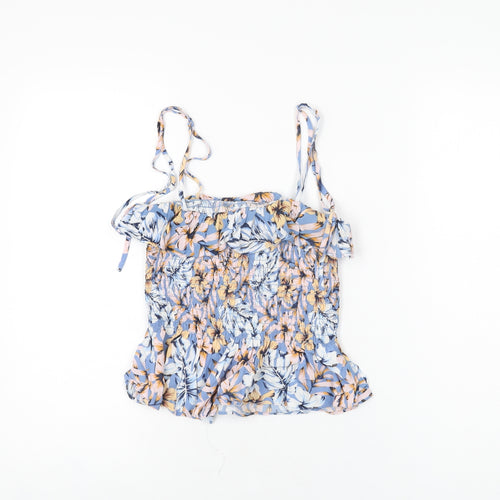 New Look Womens Blue Floral Viscose Cropped T-Shirt Size 8 Square Neck
