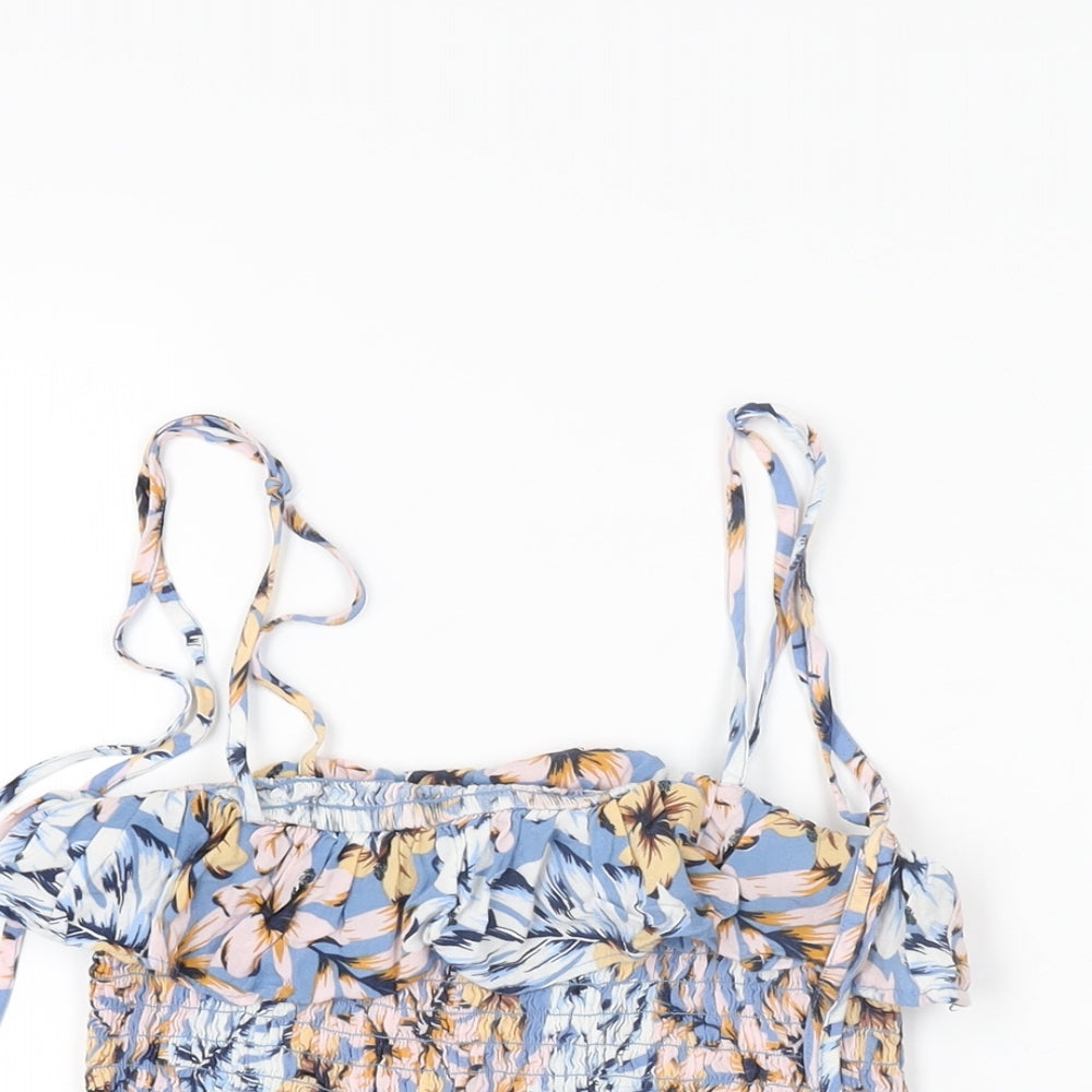 New Look Womens Blue Floral Viscose Cropped T-Shirt Size 8 Square Neck