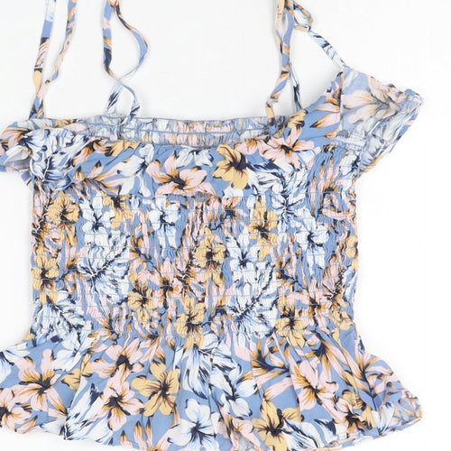 New Look Womens Blue Floral Viscose Cropped T-Shirt Size 8 Square Neck