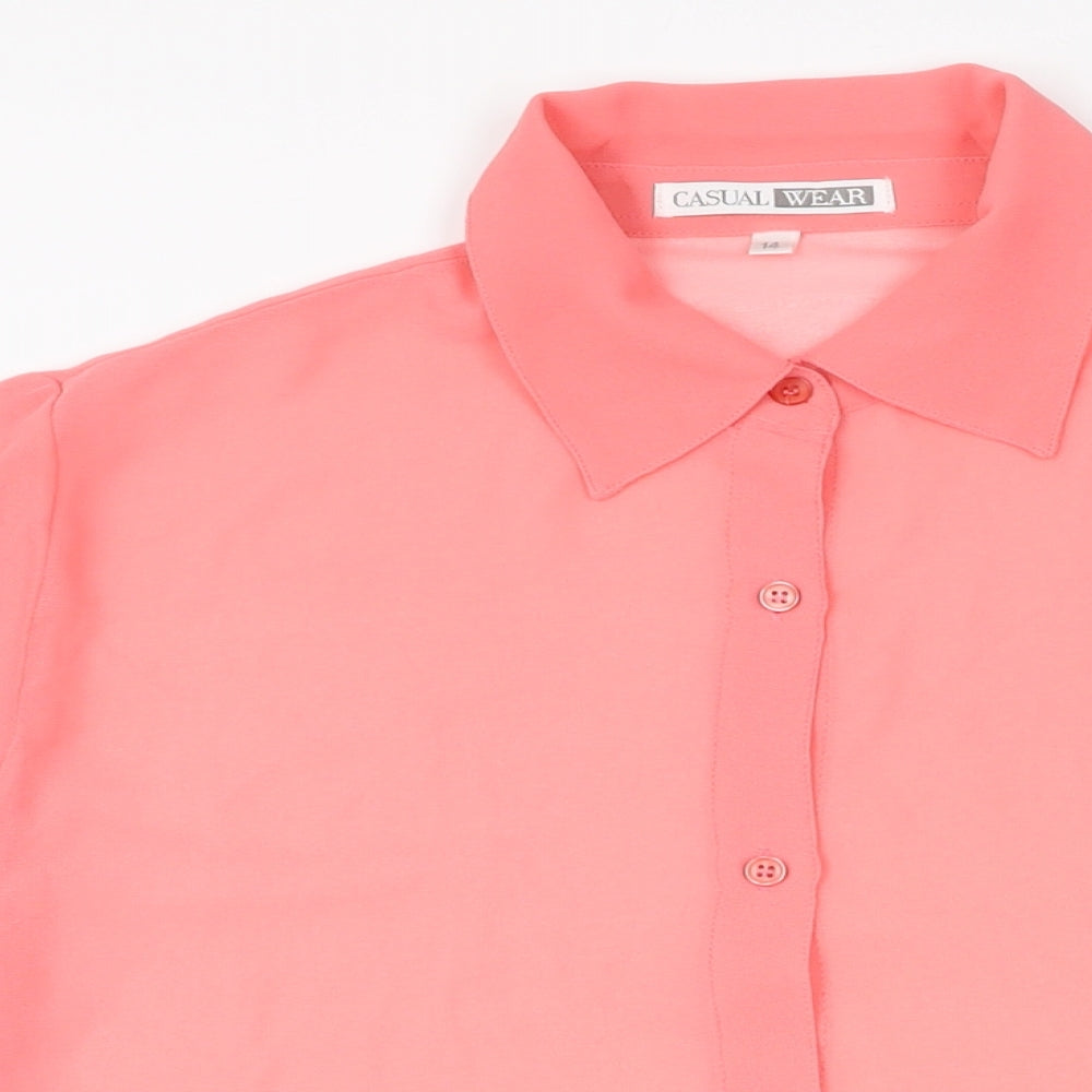 Casual Wear Womens Pink Polyester Basic Button-Up Size 14 Collared